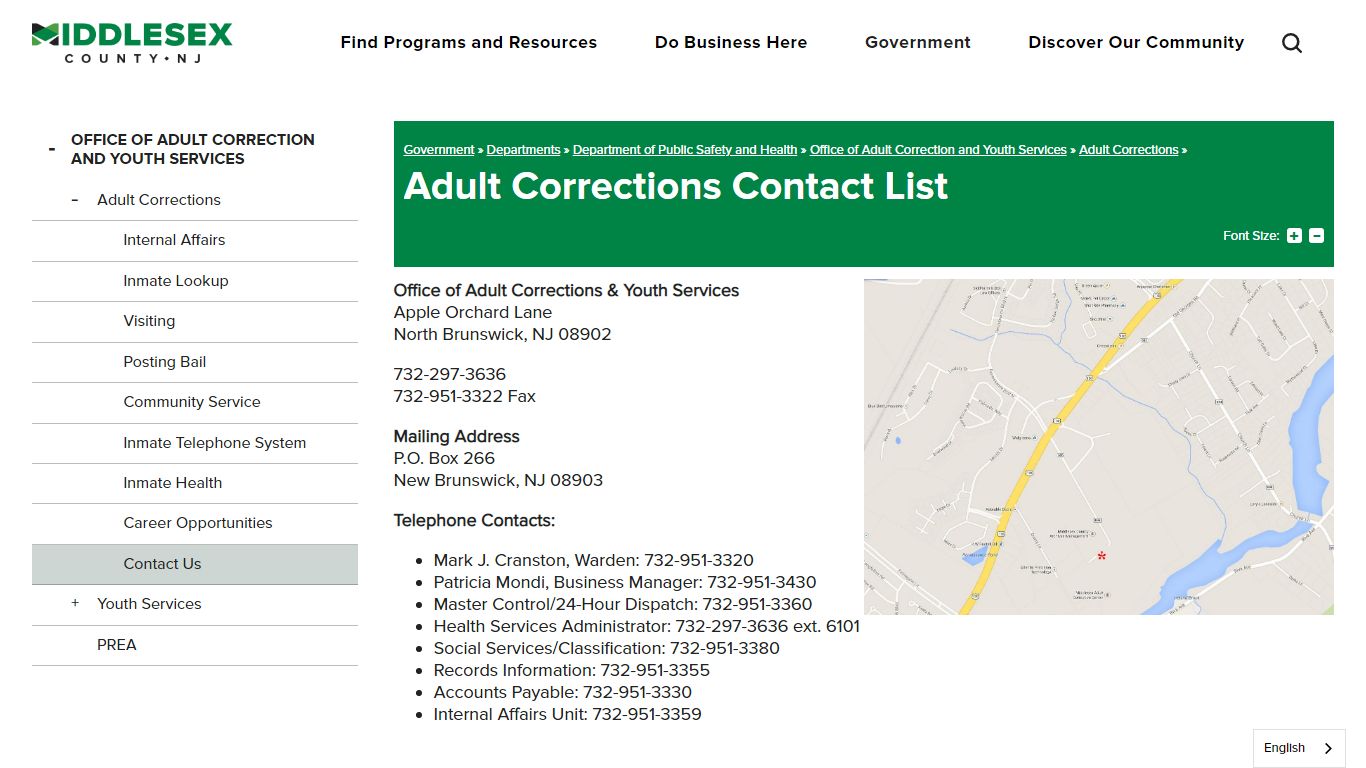 Adult Corrections Contact List | Middlesex County NJ